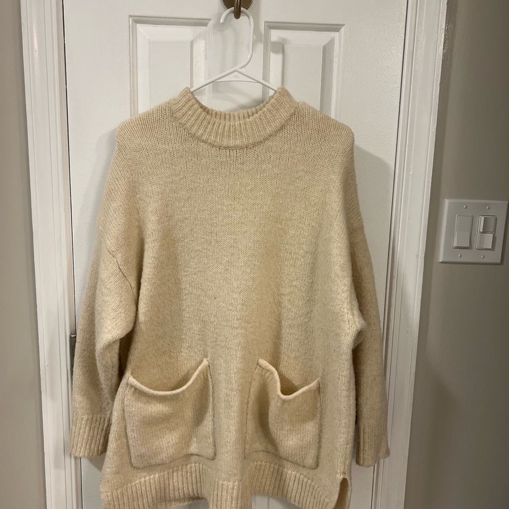 Mango Long Cream Cowl Neck Sweater w Pockets